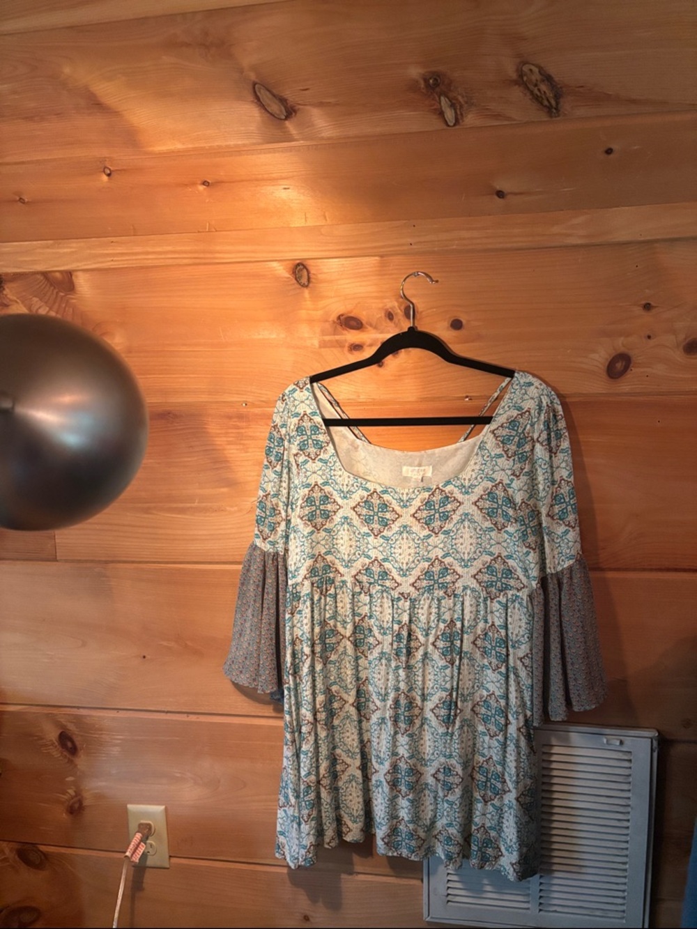 Umgee Teal and Cream Patterned Bell-Sleeve Mini Dress